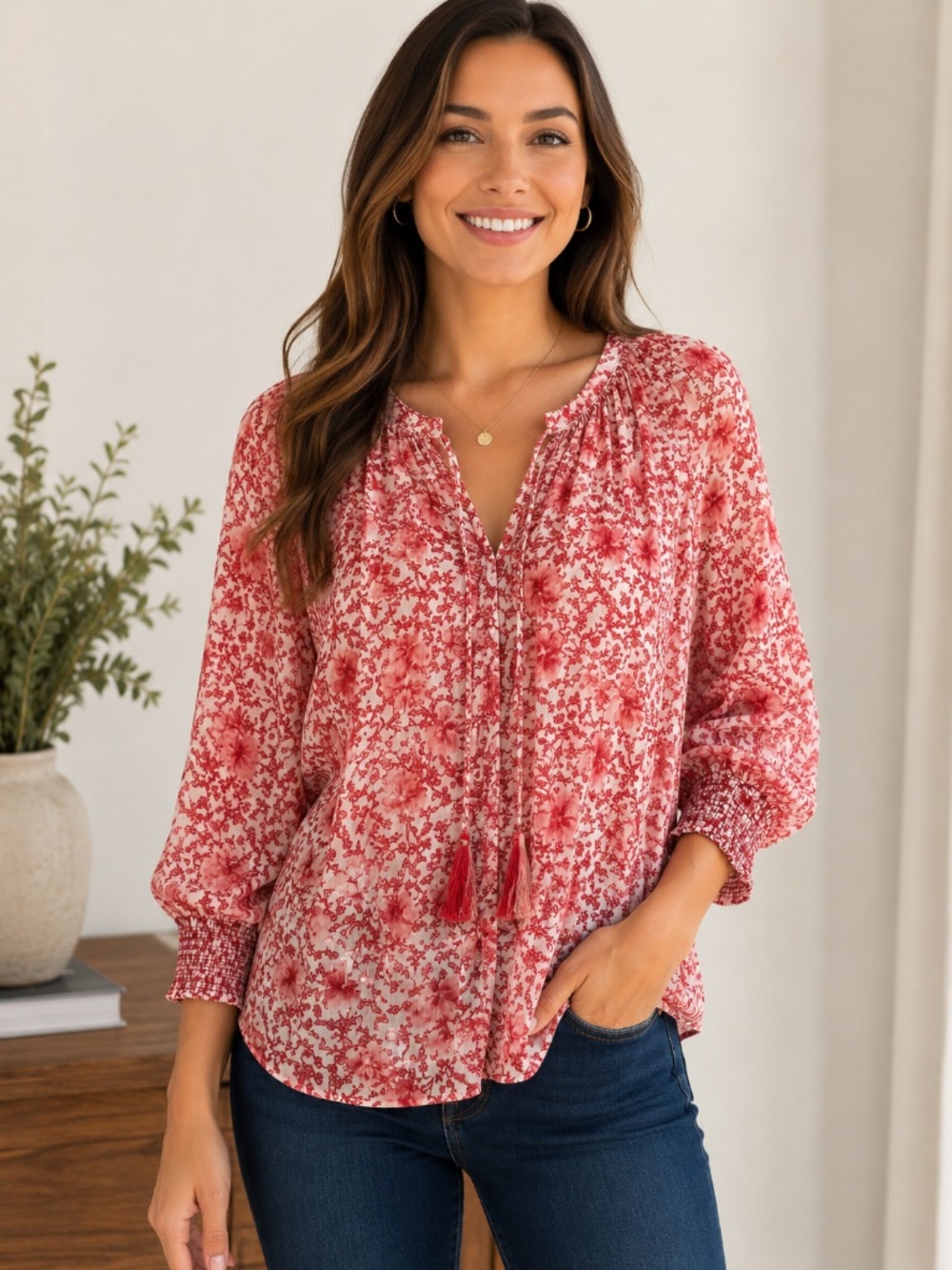 BB Dakota Steve Madden Red Pink Floral Peasant Top M Boho V-Neck Smock Sleeve